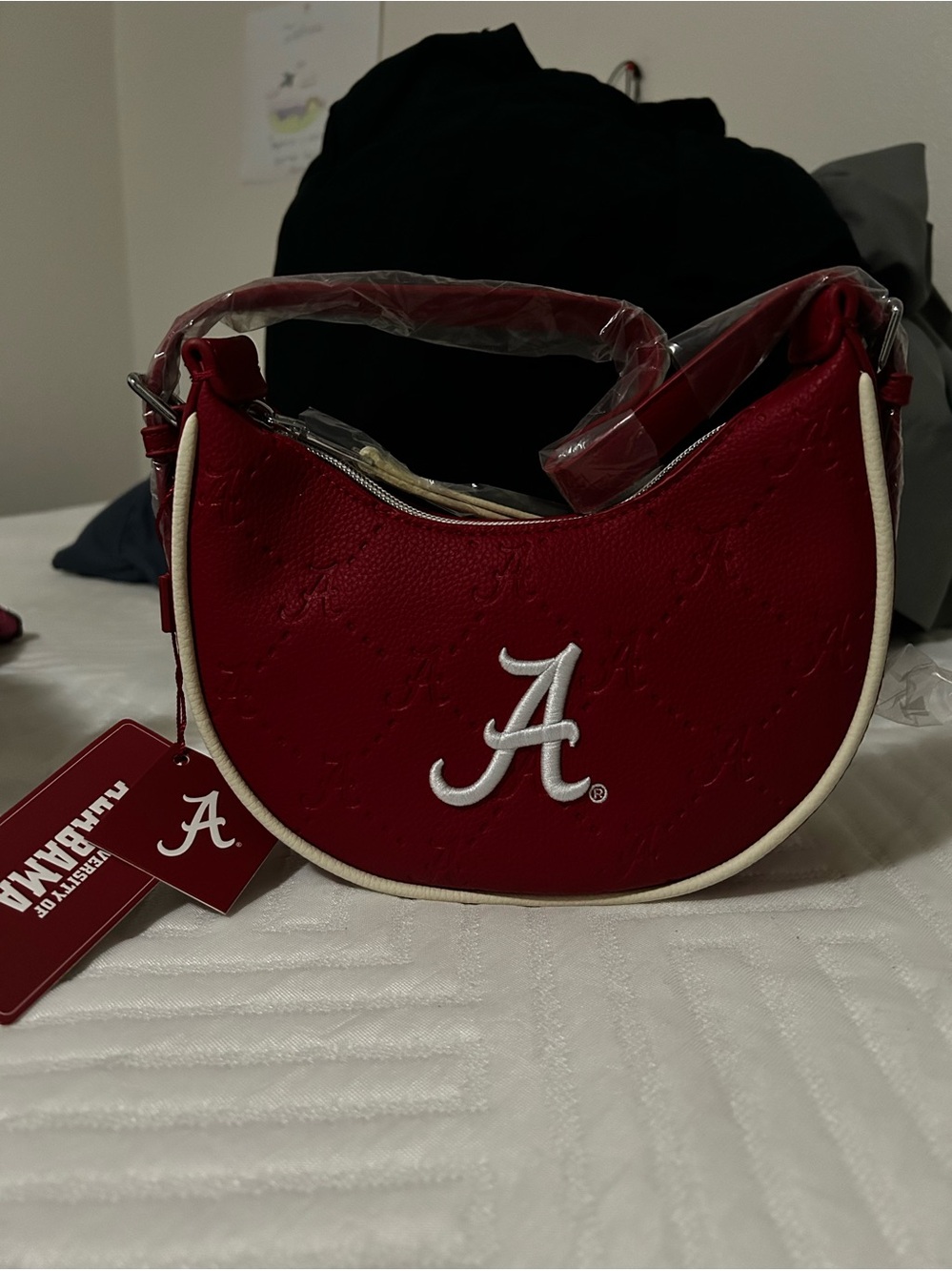 Red Crescent Shoulder Bag with White 'A' Accent